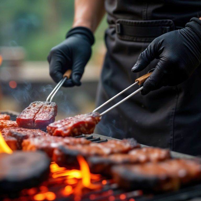 Un chef grille de la viande sur un barbecue avec un tablier noir.