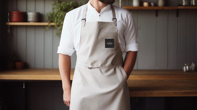 Homme en tablier beige avec logo, debout dans une cuisine intérieure.