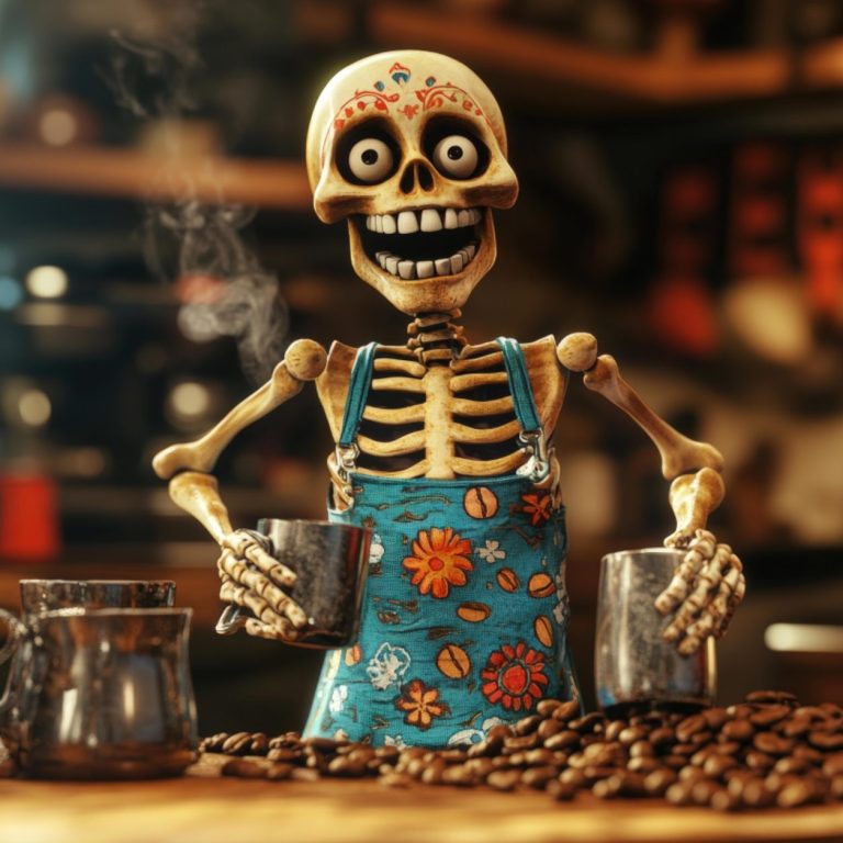 Un squelette joyeux avec un tablier coloré tient des tasses, entouré de grains de café.
