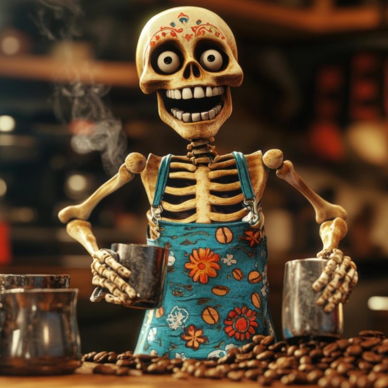 Squelette humoristique souriant en tablier coloré, tenant deux tasses de café.