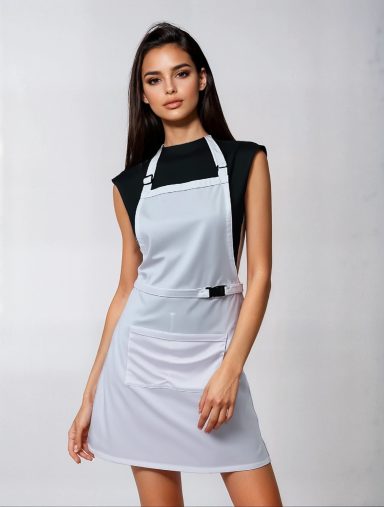 Femme portant une robe de cuisine blanche avec un tablier, sur fond clair.