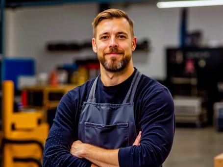 Homme souriant avec un tablier, bras croisés, dans un environnement de travail avec tablier bleu artisan.