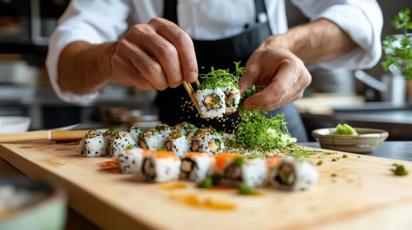 Un chef prépare des sushis sur une planche en bois, garnis d'herbes fraîches.