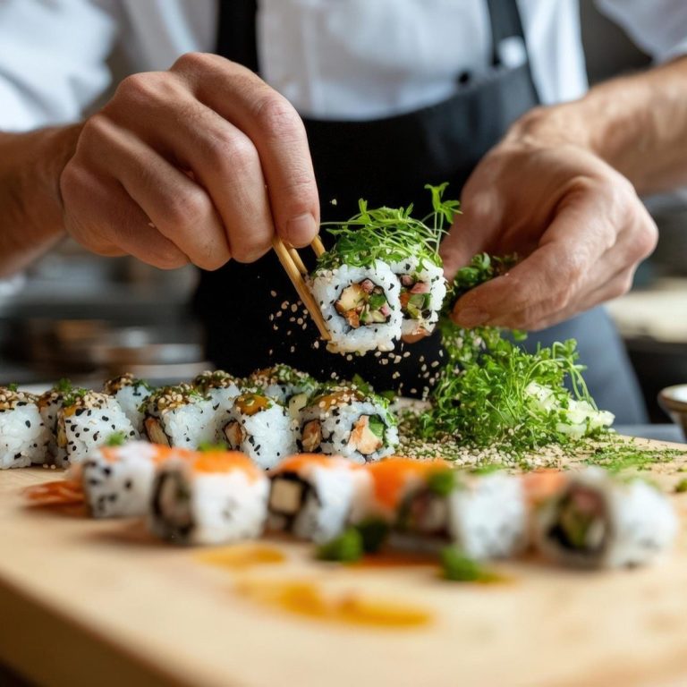 Un chef prépare des sushis avec du poisson, des algues et des herbes fraîches.