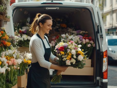 Femme fleuriste portant un bouquet de fleurs colorées, près d'un camion de livraison.