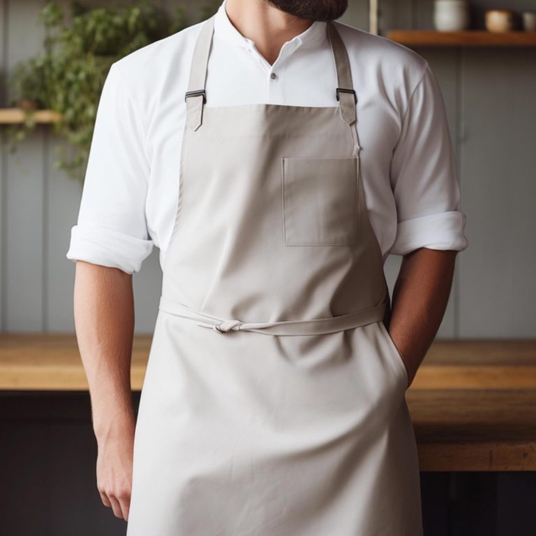 Homme en chemise blanche portant un tablier beige, souriant dans une cuisine.