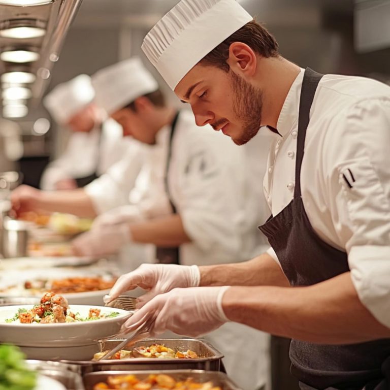Chefs en tenue préparant des plats dans une cuisine professionnelle.