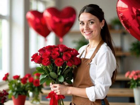 Femme souriante tenant un bouquet de roses rouges, avec des ballons cœur en arrière-plan.