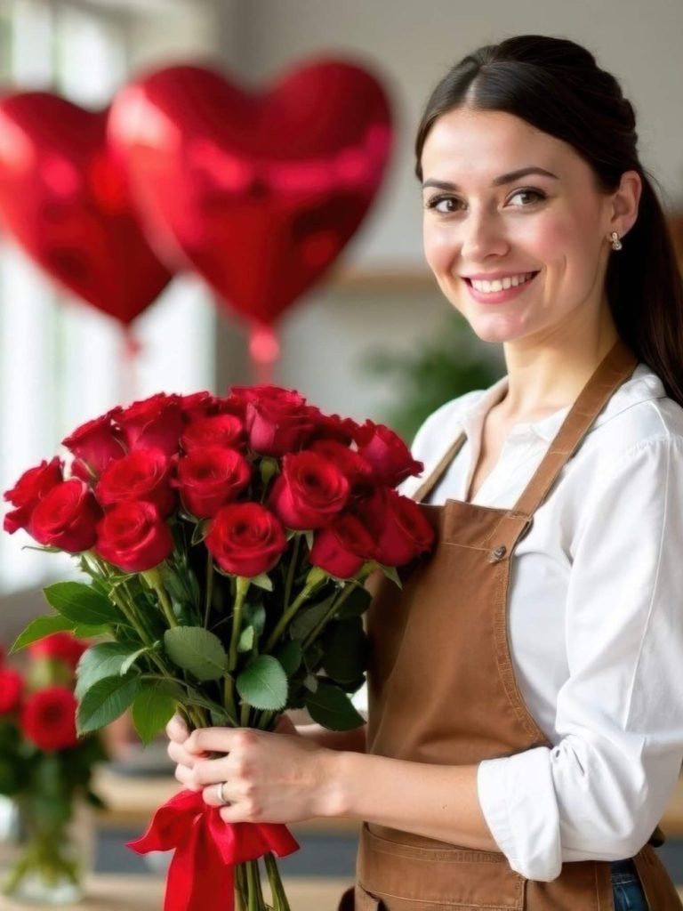 Femme souriante dans une fleuriste, tenant un bouquet de fleurs.