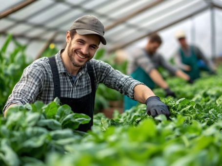 Homme souriant dans une serre, cultivant des légumes avec d'autres travailleurs.