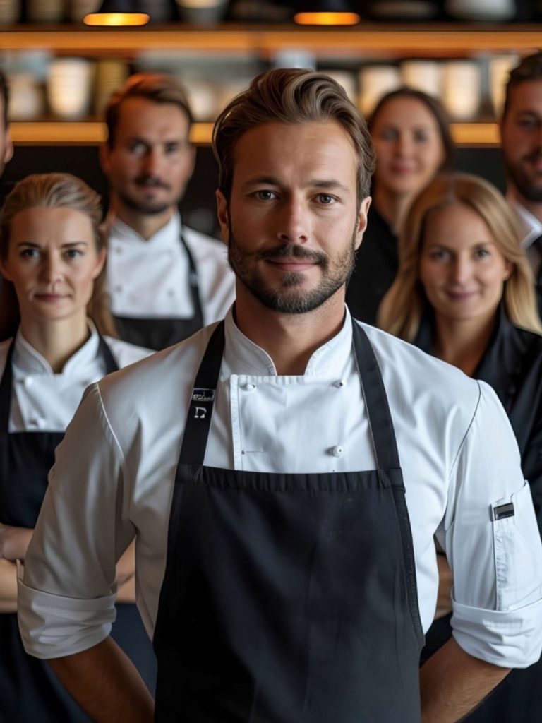 Groupe de chefs en uniforme, un chef au premier plan, souriant et confiant.