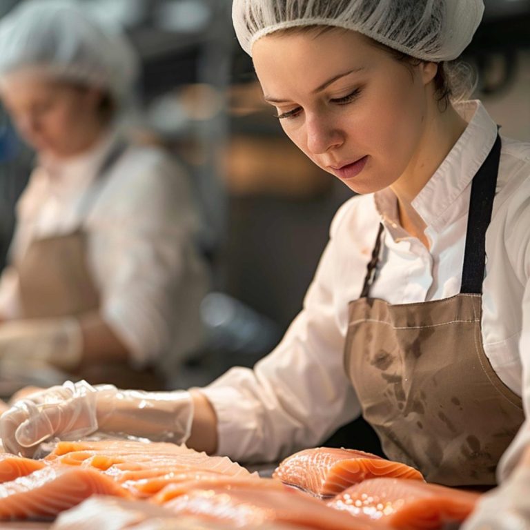 Femme en cuisine préparant soigneusement des filets de saumon.