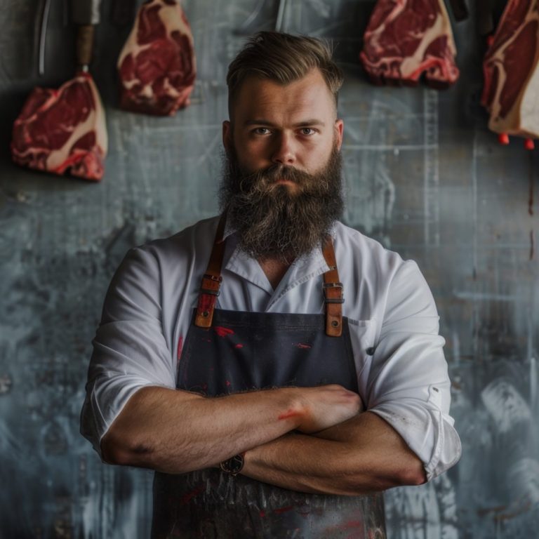 Boucher avec une barbe, portant un tablier, devant des morceaux de viande.