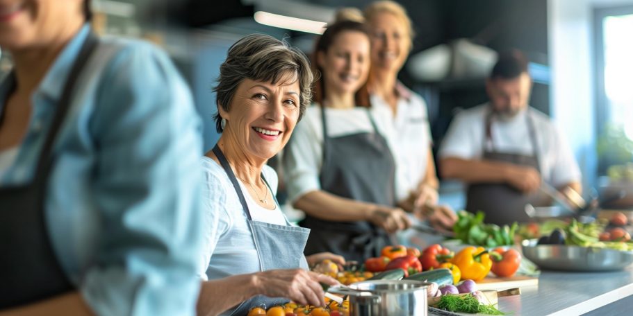 Groupe de personnes souriantes, préparant des légumes dans une cuisine moderne.