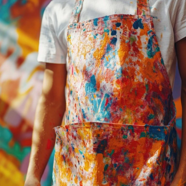 Un homme portant un tablier coloré avec des éclaboussures de peinture.