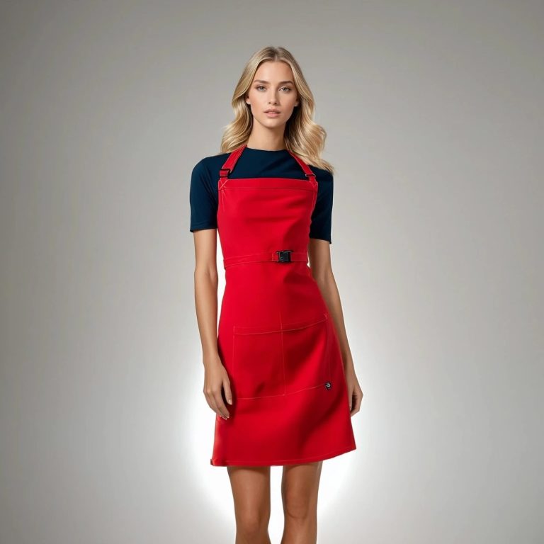 Femme en tablier rouge sur fond gris, avec un haut noir.