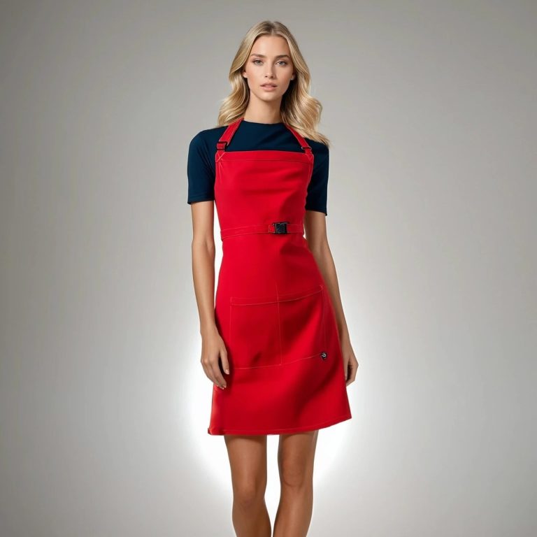 Femme portant un tablier polycoton rouge sur un fond neutre.
