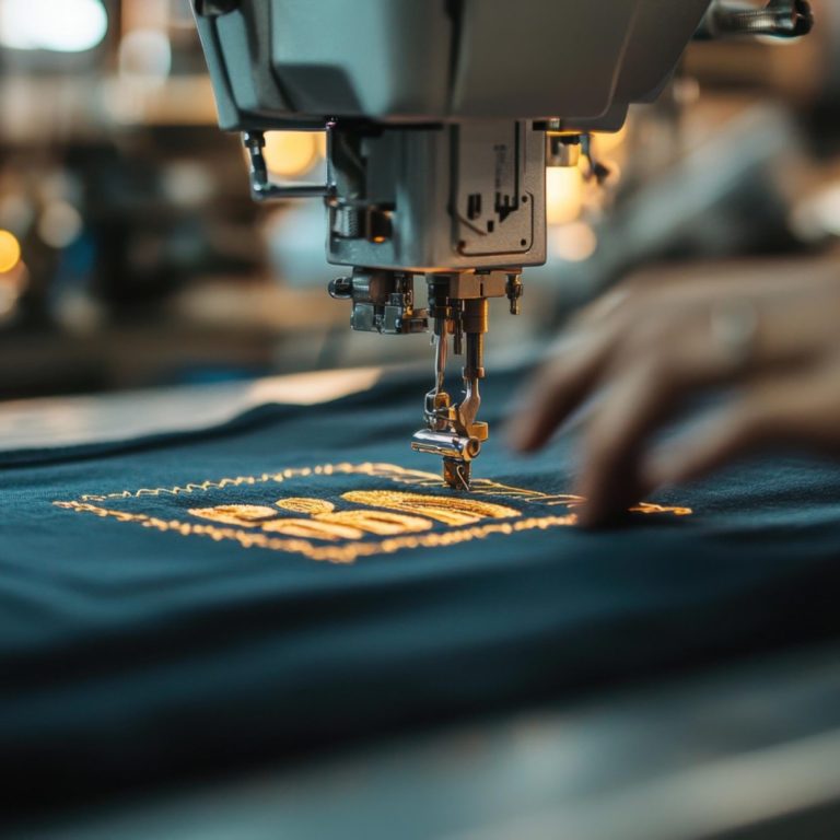 Brodeur utilisant une machine à coudre pour créer un motif doré sur un tissu sombre.