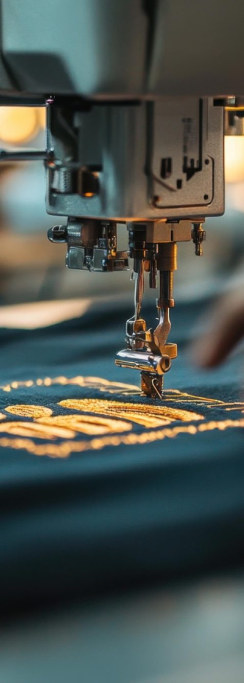 Une machine à coudre brode un motif sur un tissu noir.