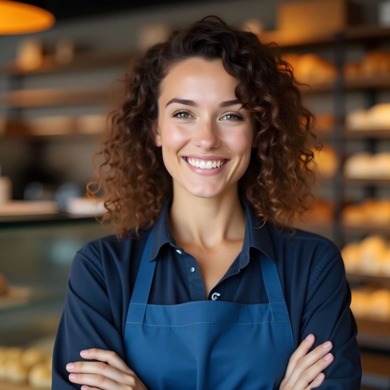 Femme souriante avec des cheveux bouclés, portant un tablier dans une boulangerie.