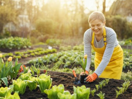 Femme en jardin, plantant des fleurs avec des gants, sous un soleil doux.