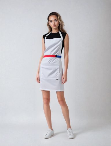Femme portant une robe d'uniforme blanche avec un tablier rouge et bleu.