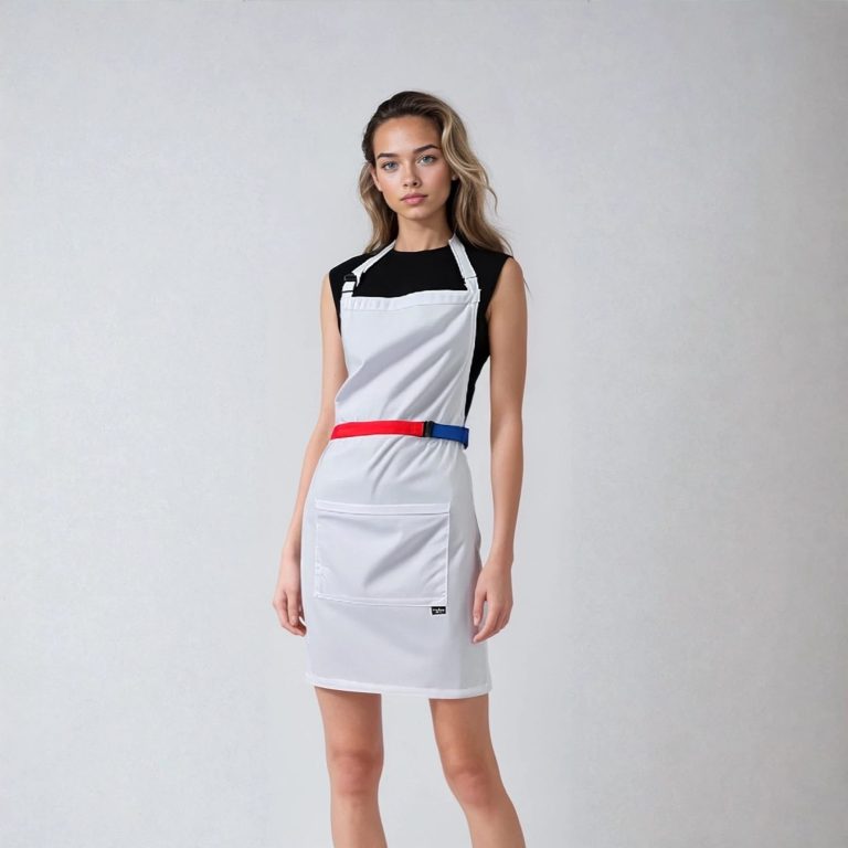 Femme portant un tablier blanc avec des ceintures rouge et bleu, sur fond neutre.